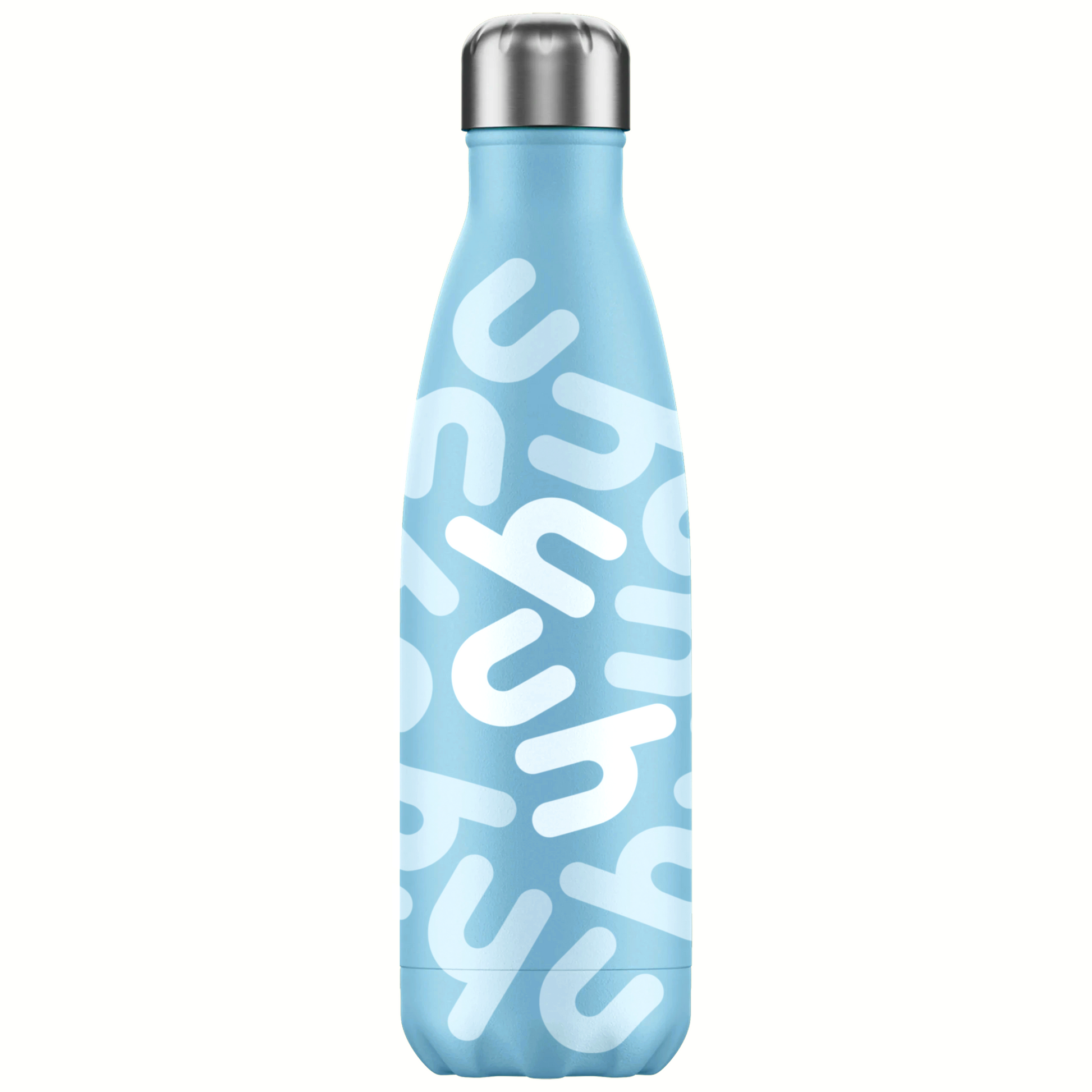 Light blue water bottle with white text on a white background