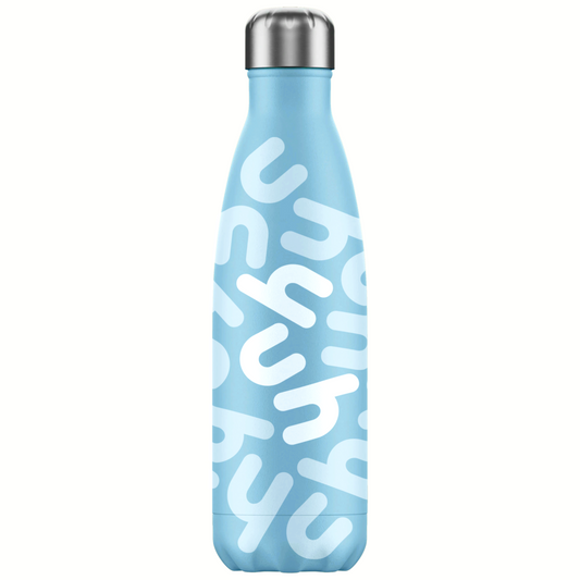 Light blue water bottle with white text on a white background